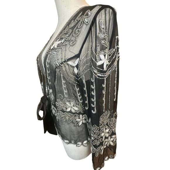Papell Boutique Evening Jacket Women’s Small Silk Beaded Sheer Embroidered Fairy - Picture 5 of 13
